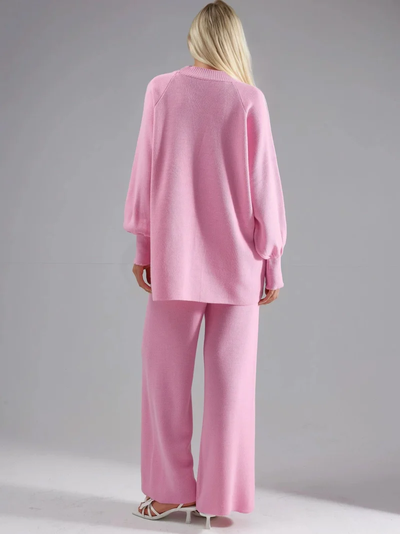 MY FASHION Powder Pink MY FASHION Loose Fit Sweater & Pants Knit Co-ord Set for Women | Best Price UAE